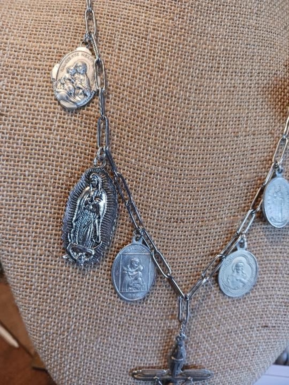 Women's Silver Religious Medal Charm Necklace with Cross Pendant